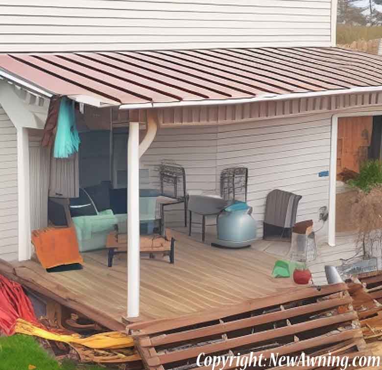 flood damaged home on back patio with rusty metal awning