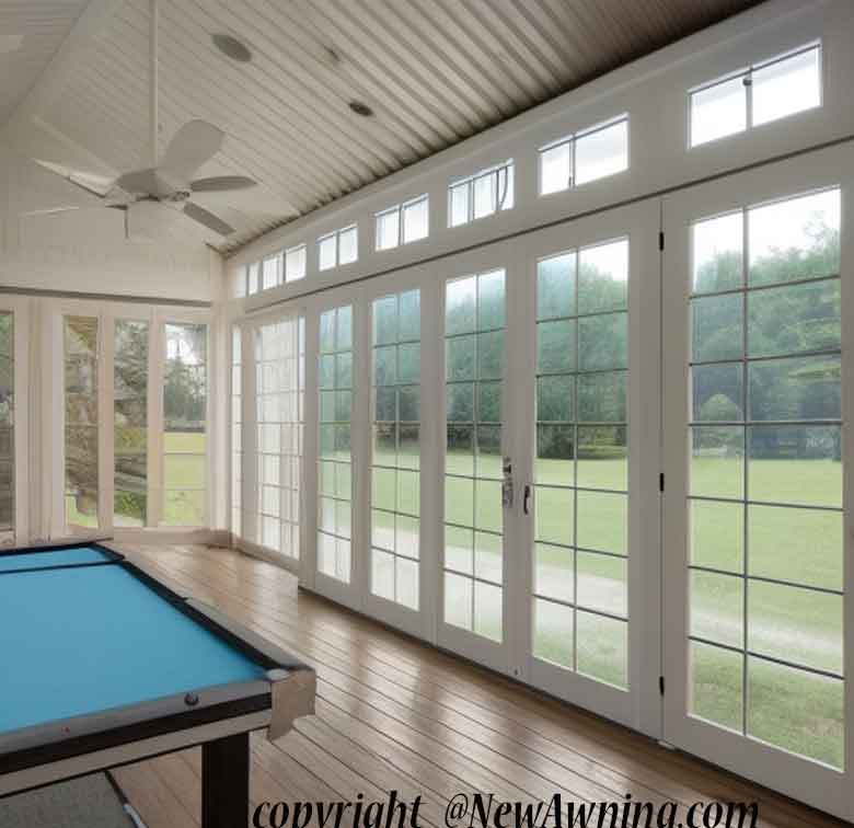sunroom used as family game room for entertaining with gable roof
