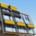 retractable vertical awnings on moderl apartment building