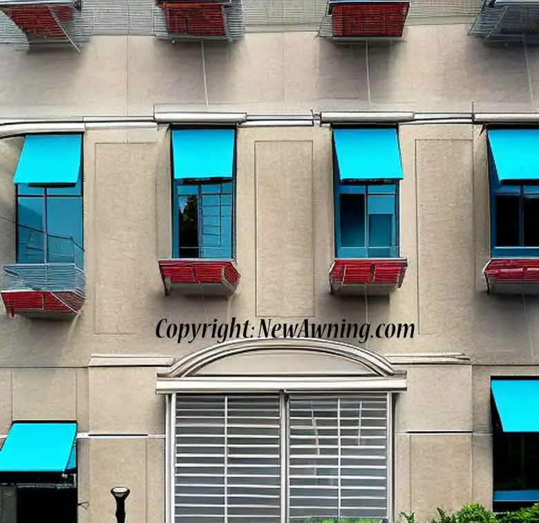 Los Angeles building with blue awnings and decks