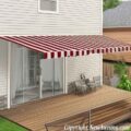 striped awning on wood deck