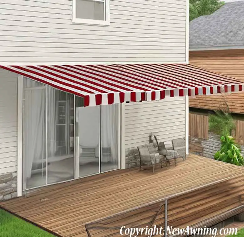 striped awning on wood deck