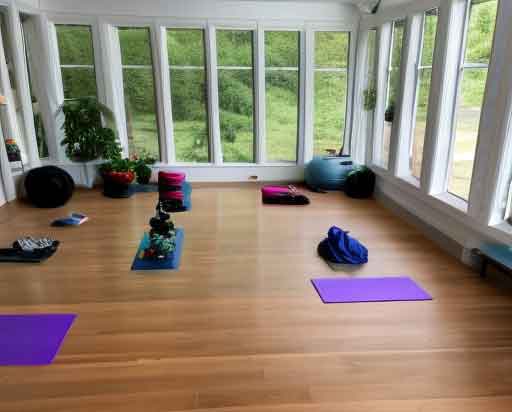 professionally designed sunroom converted to a yoga studio