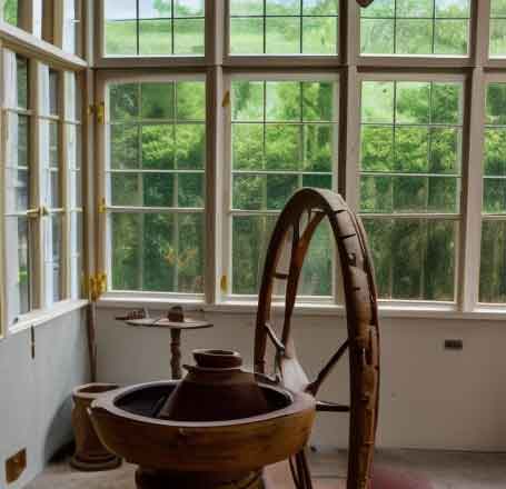 potter's wheel basic a screened in porch with clay pots in the background