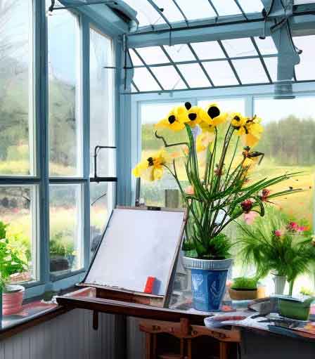 lovely painter's easal in a sunroom painting plants