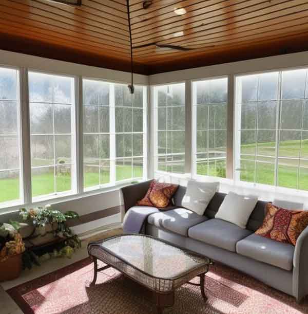 sunroom used as a podcast recording studio with microphone in center of room