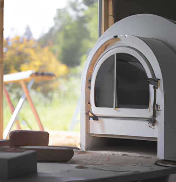 kiln for pottery at the edge of a sunroom near an open door