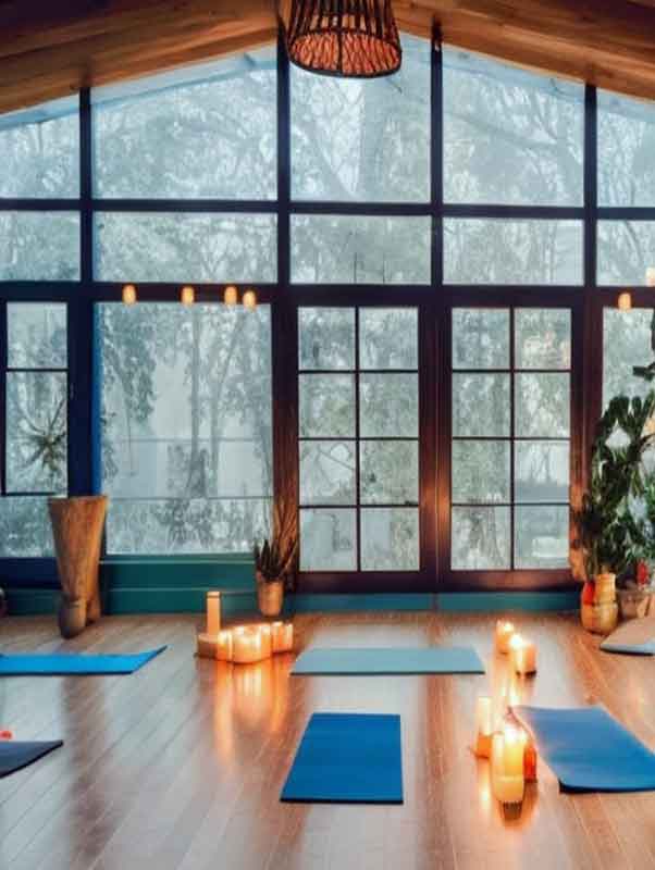 sunroom with high ceilings yoga mats and candles
