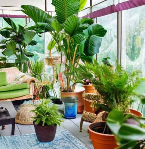 screened in patio filled with plants so much you can't see the chairs