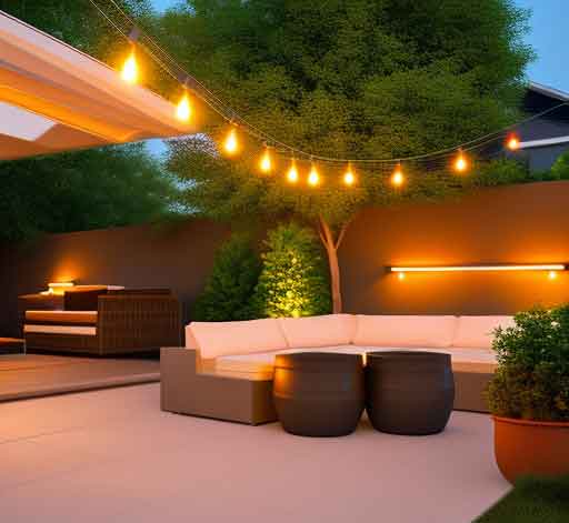 incandescandent outdoor lights over wicker seating area on patio