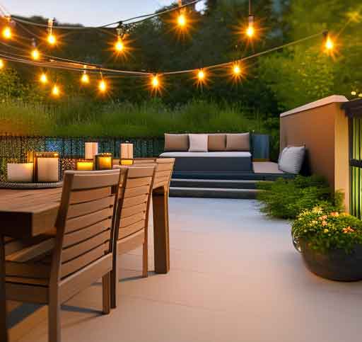 string lights over deck with table
