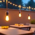 edison bulbs on deck overlooking nice outdoor dining area