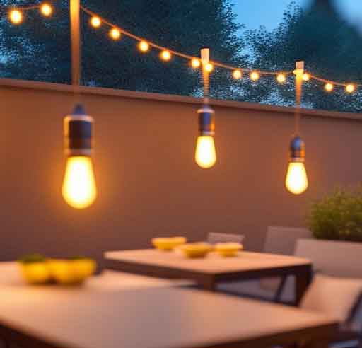 edison bulbs on deck overlooking nice outdoor dining area